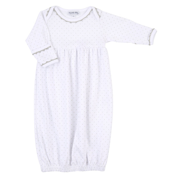 100% pima cotton pleated baby gown with light silver dots and coordinating trim. Perfect outift for new baby girls or boys! 