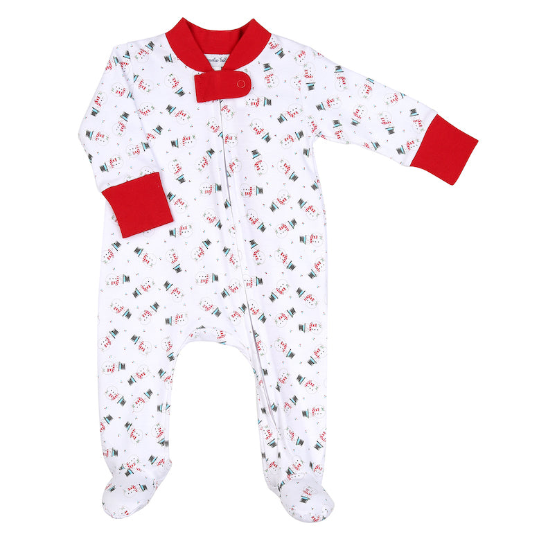 Magnolia baby 100% pima cotton pajamas with snowman print. Features red trim at sleeves and neck, and zipper for convenient changes. 