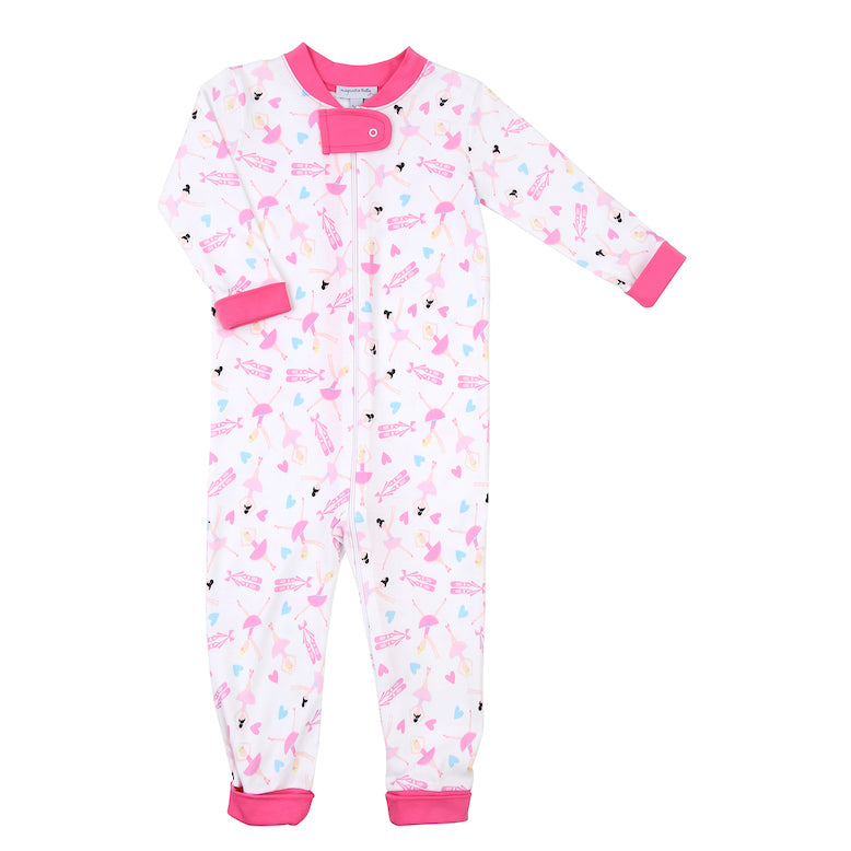 100% pima cotton zipped pajamas with beautiful ballerina print from Magnolia Baby. Features pink trim on cuffs and collar. 