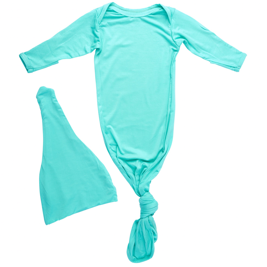 Mint color baby gown and hat set. The gown features soft fabric, fold-over cuffs to prevent scratching, and tabs at shoulders for easy changes. Great for baby boys or girls, or as a gift for those waiting to find out