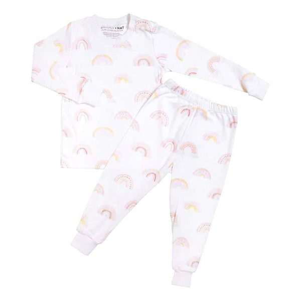 White 100% pima pajamas with pastel rainbow print. These rainbow pajamas are a two piece set with shirt and pants