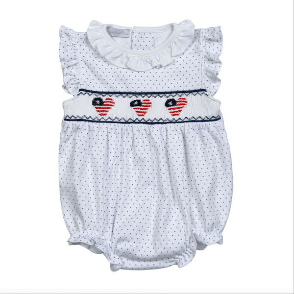Baby & toddler girl's smocked bubble with heart flag smocking. Gorgous 100% pima cotton fabirc with blue dots, ruffle details. This high quality, hand smocked bubble is perfect for the 4th of July and other patriotic occasions! 