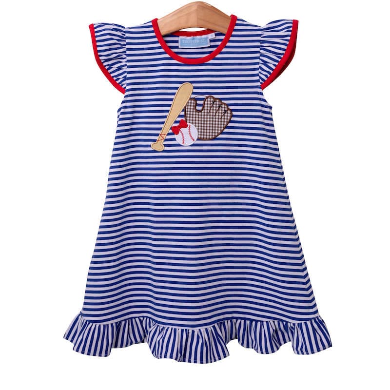 Blue and white striped knit dress with baseball applique. Trotter St Kids Baseball dress with baseball applique and flutter sleeves. 